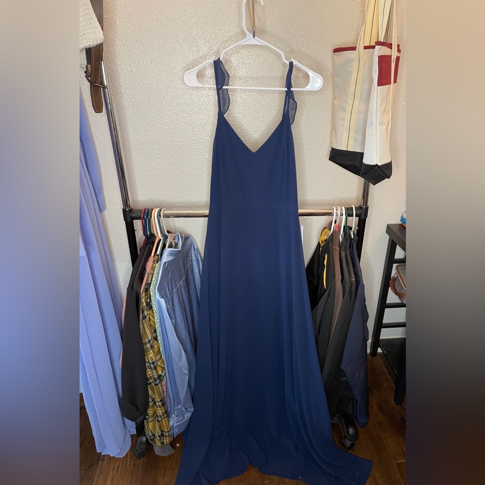 Navy, flutter strap, floor-length chiffon LuLu’s dress